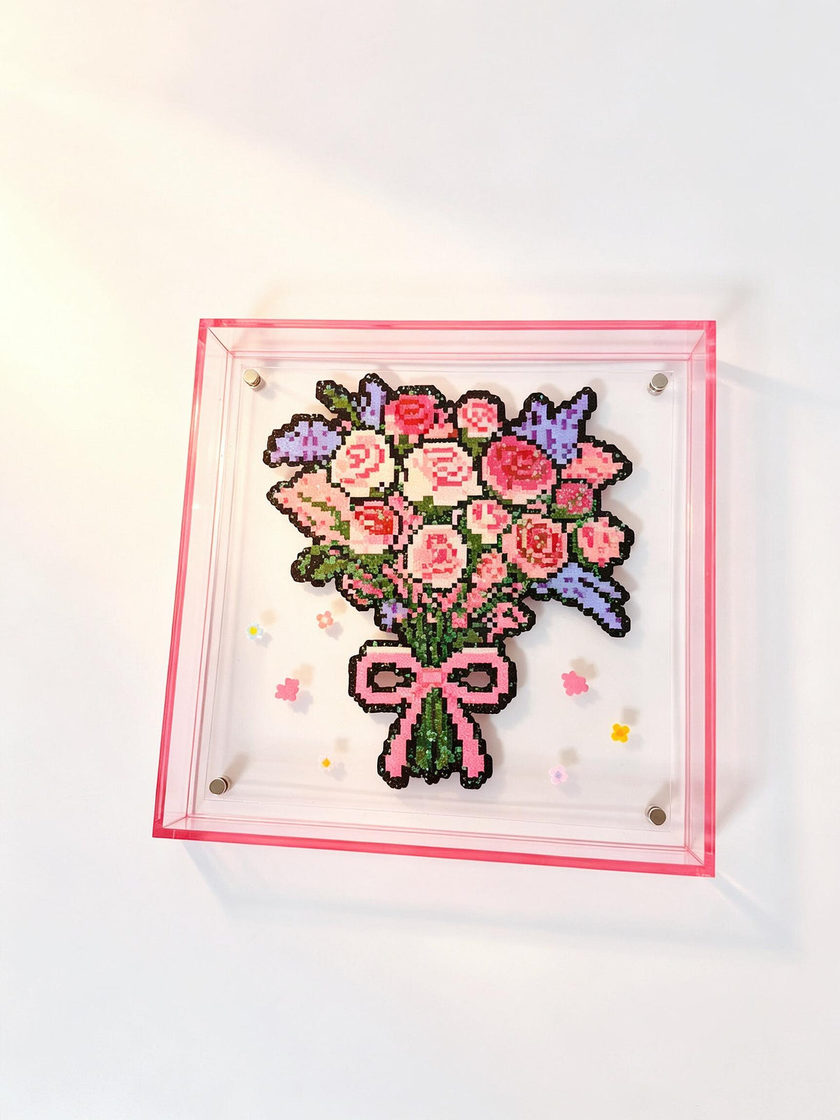 Front view of handmade pink rose bouquet pixel bead acrylic frame