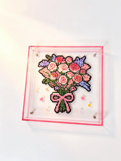 Front view of handmade pink rose bouquet pixel bead acrylic frame
